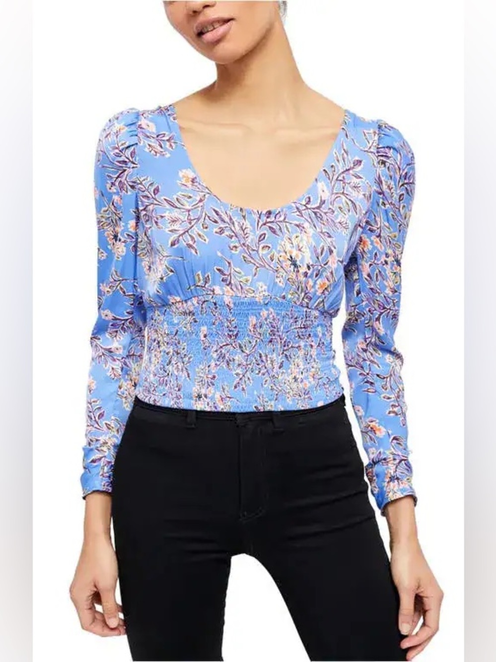 Free People Santiago Print Blouse in Floral Blue Scoop Neck Women’s Top Size XS
